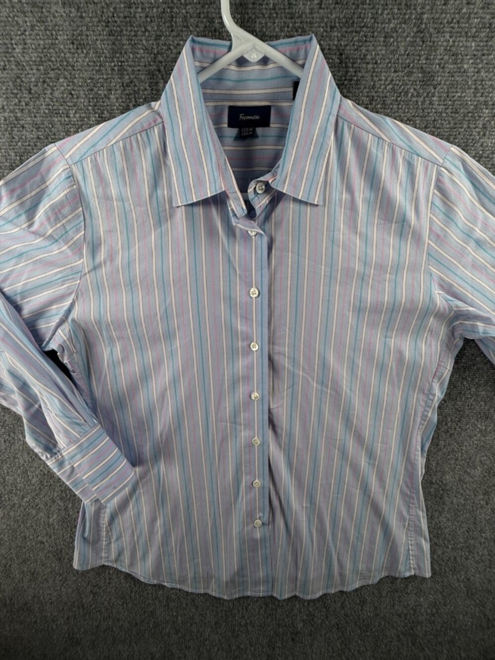 Faconnable Long Sleeve Button Up Shirt Women Size 14 Blue Pink Striped Cotton